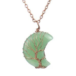 Tree of Life Crescent Moon Pendant Necklace Green Aventurine 20" Copper Brown